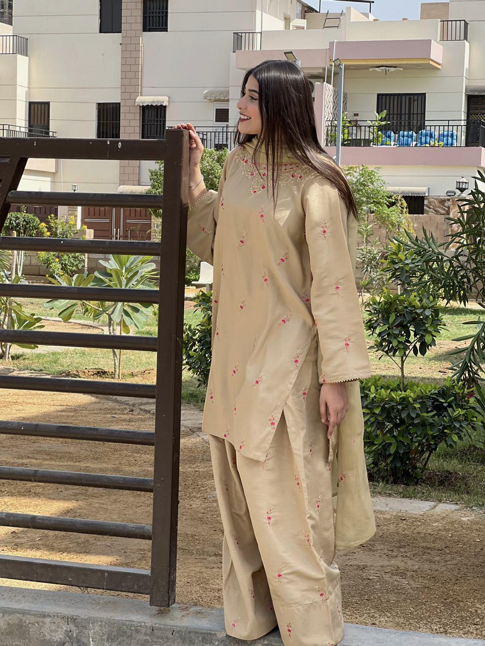 BEIGE Embroidered 3 pcs Suit